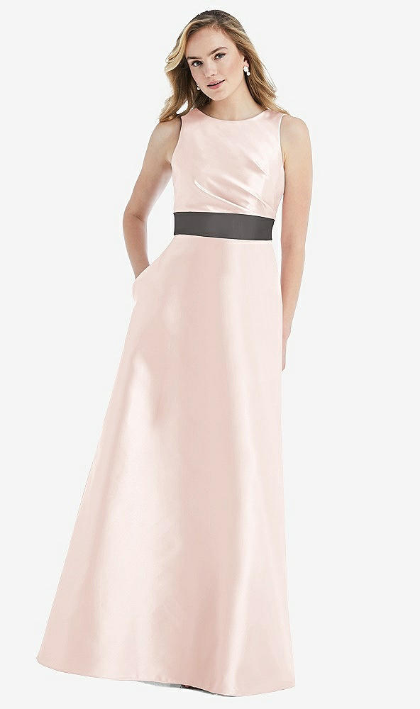 Front View - Blush & Caviar Gray High-Neck Asymmetrical Shirred Satin Maxi Dress with Pockets