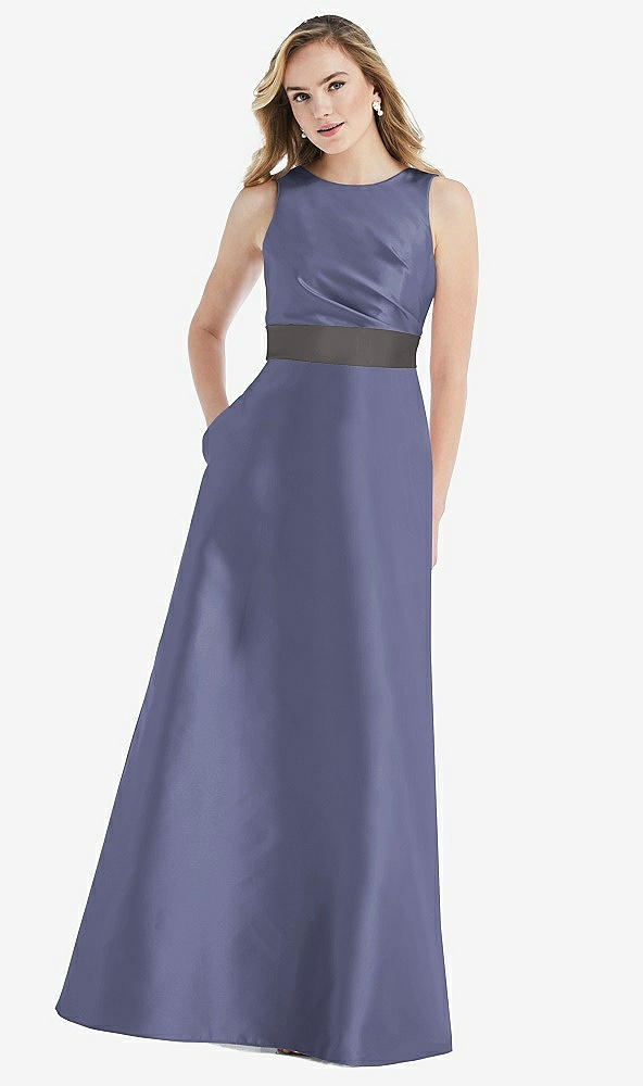 Front View - French Blue & Caviar Gray High-Neck Asymmetrical Shirred Satin Maxi Dress with Pockets