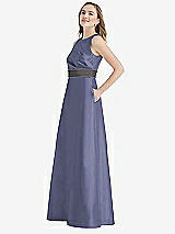Side View Thumbnail - French Blue & Caviar Gray High-Neck Asymmetrical Shirred Satin Maxi Dress with Pockets