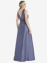 Rear View Thumbnail - French Blue & Caviar Gray High-Neck Asymmetrical Shirred Satin Maxi Dress with Pockets