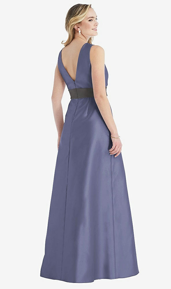 Back View - French Blue & Caviar Gray High-Neck Asymmetrical Shirred Satin Maxi Dress with Pockets