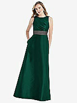 Front View Thumbnail - Hunter Green & Caviar Gray High-Neck Asymmetrical Shirred Satin Maxi Dress with Pockets