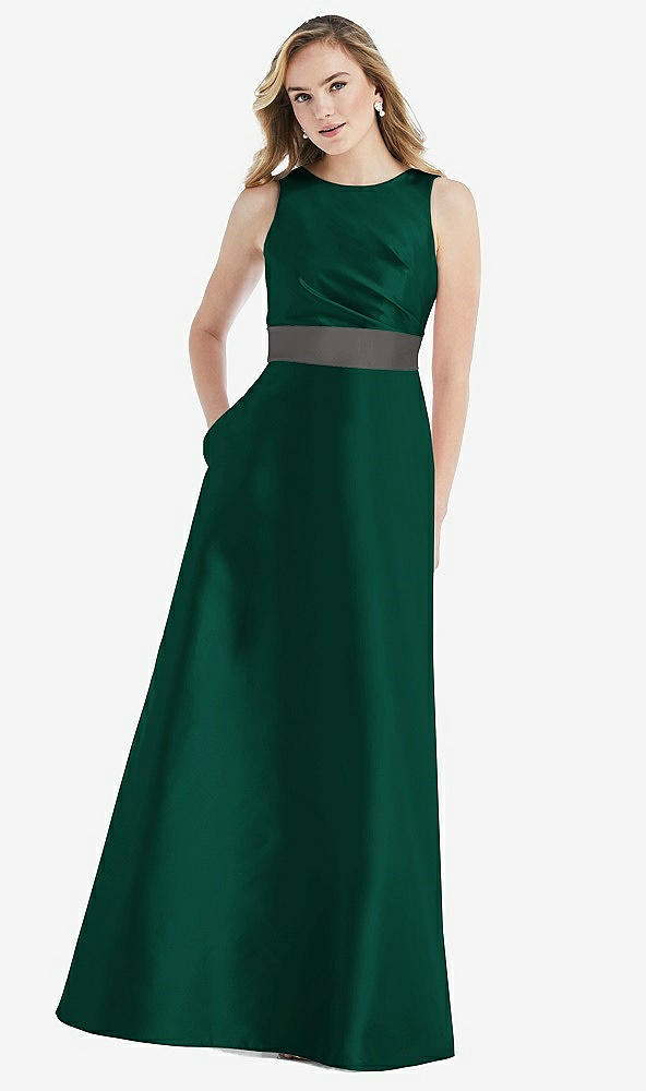 Front View - Hunter Green & Caviar Gray High-Neck Asymmetrical Shirred Satin Maxi Dress with Pockets