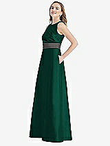Side View Thumbnail - Hunter Green & Caviar Gray High-Neck Asymmetrical Shirred Satin Maxi Dress with Pockets