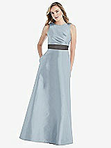 Front View Thumbnail - Mist & Caviar Gray High-Neck Asymmetrical Shirred Satin Maxi Dress with Pockets