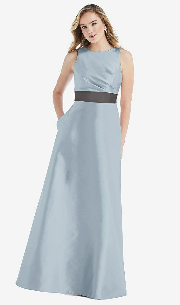 Front View - Mist & Caviar Gray High-Neck Asymmetrical Shirred Satin Maxi Dress with Pockets