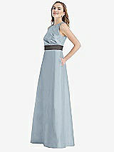 Side View Thumbnail - Mist & Caviar Gray High-Neck Asymmetrical Shirred Satin Maxi Dress with Pockets