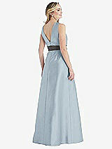 Rear View Thumbnail - Mist & Caviar Gray High-Neck Asymmetrical Shirred Satin Maxi Dress with Pockets