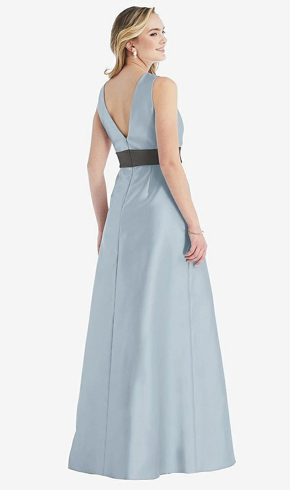 Back View - Mist & Caviar Gray High-Neck Asymmetrical Shirred Satin Maxi Dress with Pockets