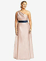 Front View Thumbnail - Cameo & Midnight Navy Draped One-Shoulder Satin Maxi Dress with Pockets