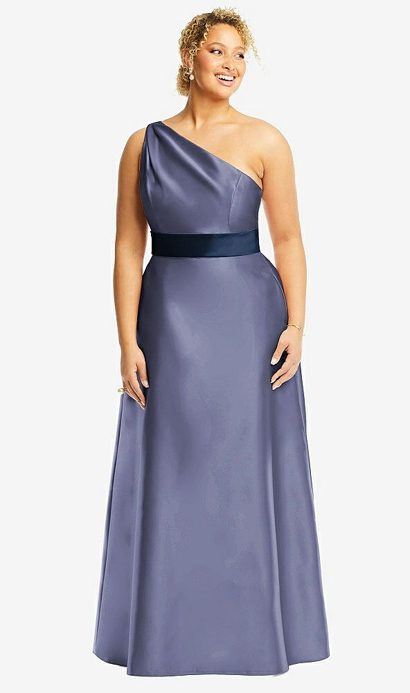 Front View - French Blue & Midnight Navy Draped One-Shoulder Satin Maxi Dress with Pockets