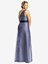 Rear View Thumbnail - French Blue & Midnight Navy Draped One-Shoulder Satin Maxi Dress with Pockets