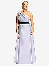 Front View Thumbnail - Silver Dove & Midnight Navy Draped One-Shoulder Satin Maxi Dress with Pockets