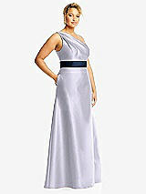Side View Thumbnail - Silver Dove & Midnight Navy Draped One-Shoulder Satin Maxi Dress with Pockets