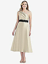 Front View Thumbnail - Champagne & Black Draped One-Shoulder Satin Midi Dress with Pockets