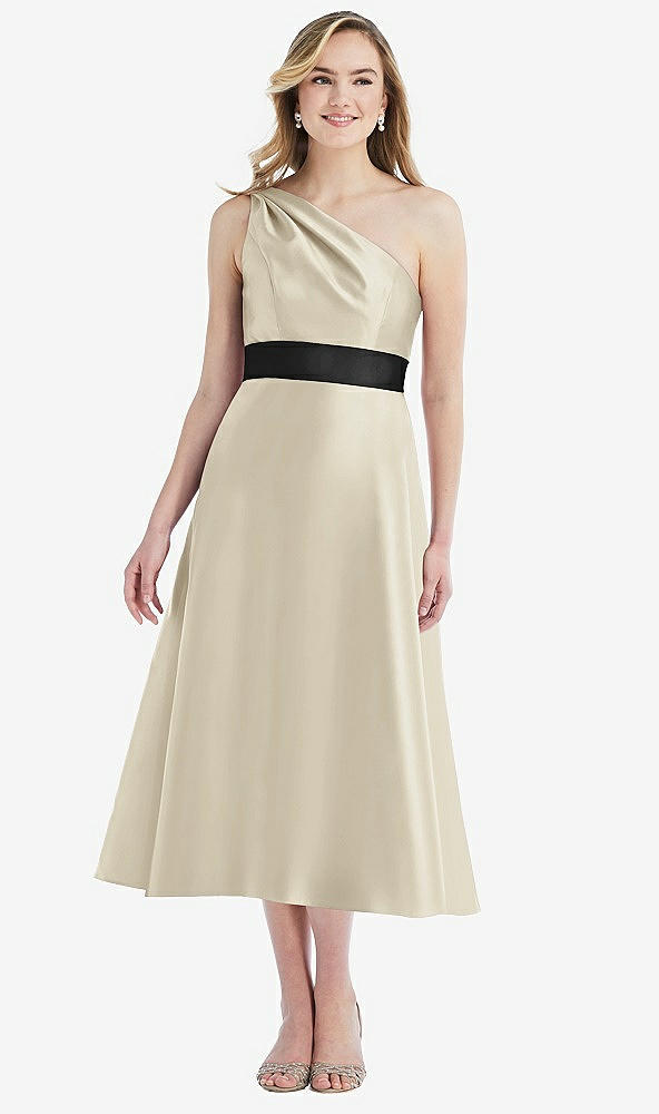 Front View - Champagne & Black Draped One-Shoulder Satin Midi Dress with Pockets