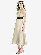 Side View Thumbnail - Champagne & Black Draped One-Shoulder Satin Midi Dress with Pockets