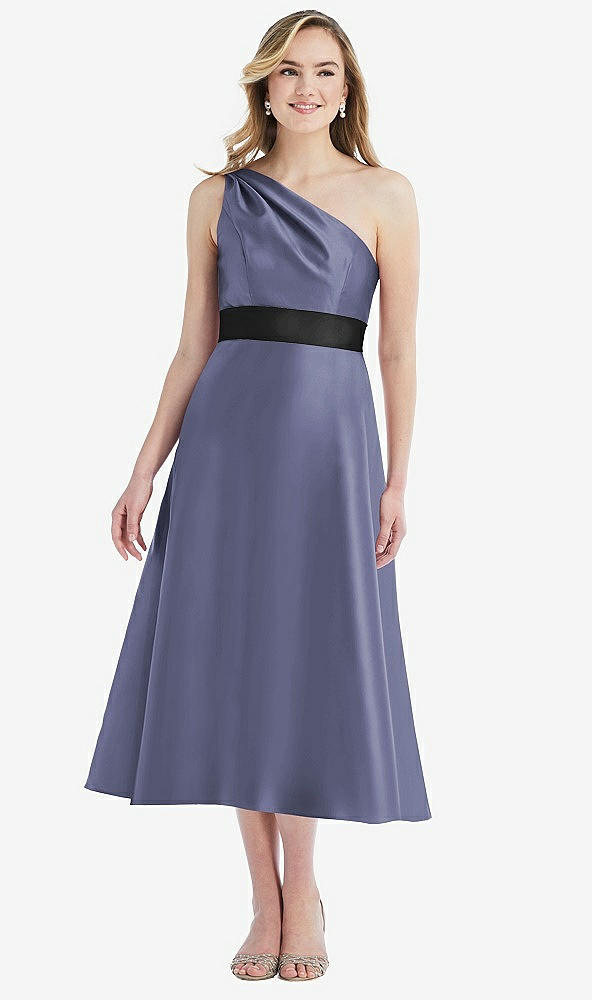 Front View - French Blue & Black Draped One-Shoulder Satin Midi Dress with Pockets