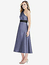 Side View Thumbnail - French Blue & Black Draped One-Shoulder Satin Midi Dress with Pockets