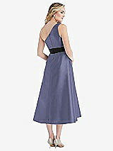 Rear View Thumbnail - French Blue & Black Draped One-Shoulder Satin Midi Dress with Pockets