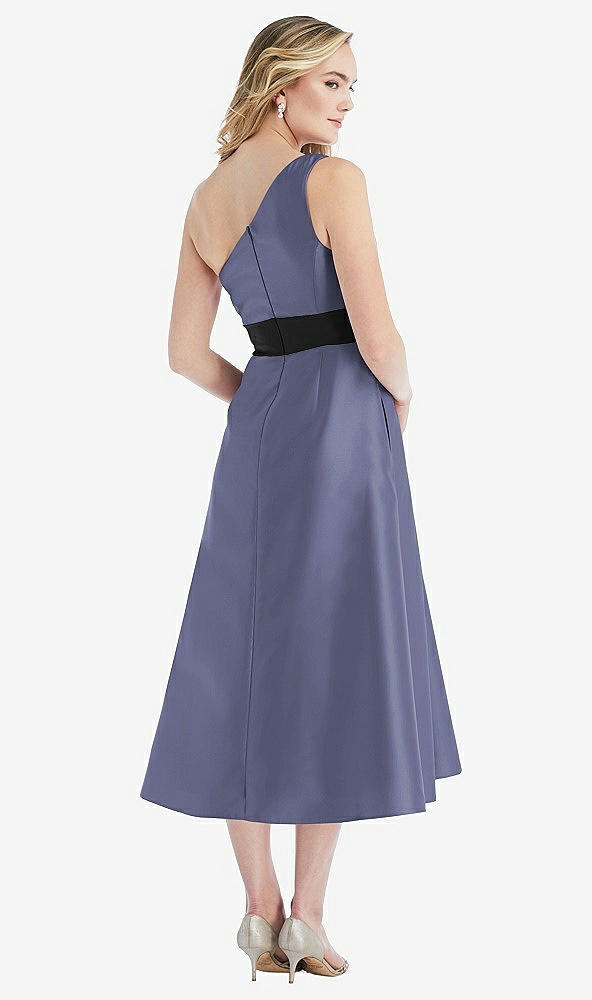 Back View - French Blue & Black Draped One-Shoulder Satin Midi Dress with Pockets