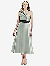 Front View Thumbnail - Willow Green & Black Draped One-Shoulder Satin Midi Dress with Pockets
