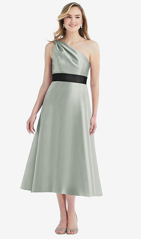 Front View - Willow Green & Black Draped One-Shoulder Satin Midi Dress with Pockets