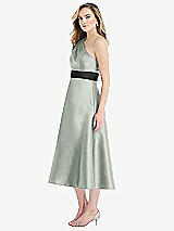 Side View Thumbnail - Willow Green & Black Draped One-Shoulder Satin Midi Dress with Pockets