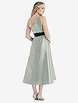 Rear View Thumbnail - Willow Green & Black Draped One-Shoulder Satin Midi Dress with Pockets