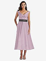 Front View Thumbnail - Suede Rose & Caviar Gray Off-the-Shoulder Draped Wrap Satin Midi Dress with Pockets