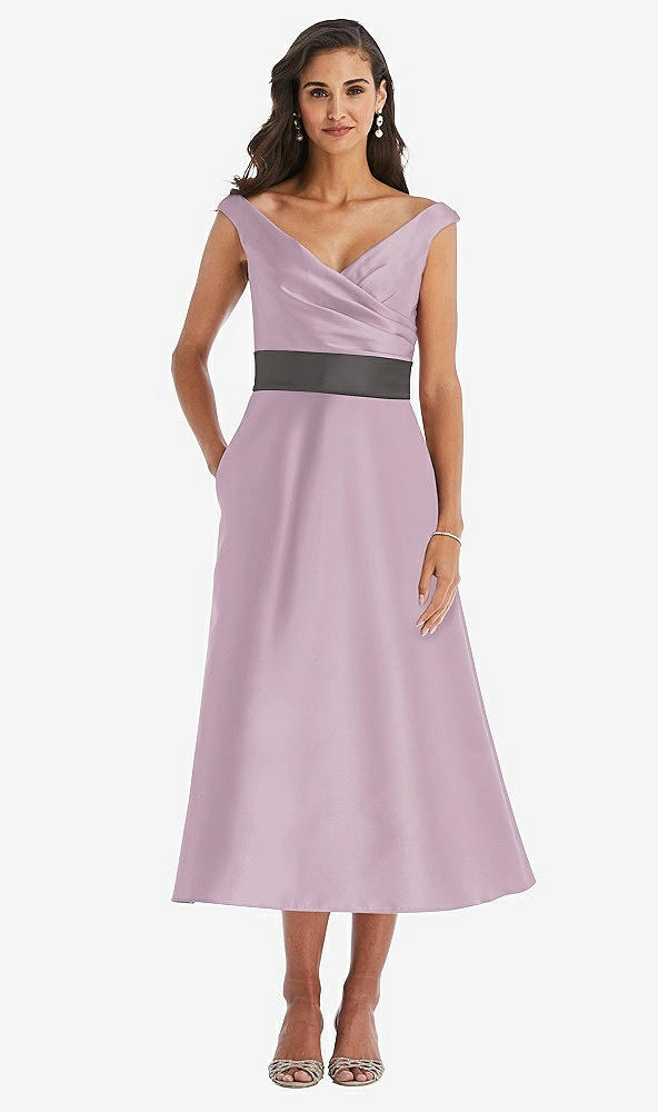 Front View - Suede Rose & Caviar Gray Off-the-Shoulder Draped Wrap Satin Midi Dress with Pockets
