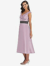 Side View Thumbnail - Suede Rose & Caviar Gray Off-the-Shoulder Draped Wrap Satin Midi Dress with Pockets
