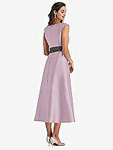 Rear View Thumbnail - Suede Rose & Caviar Gray Off-the-Shoulder Draped Wrap Satin Midi Dress with Pockets