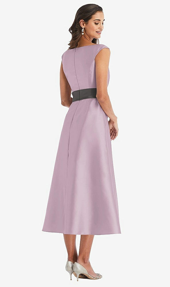 Back View - Suede Rose & Caviar Gray Off-the-Shoulder Draped Wrap Satin Midi Dress with Pockets