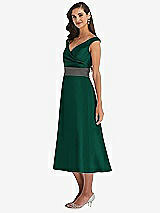 Side View Thumbnail - Hunter Green & Caviar Gray Off-the-Shoulder Draped Wrap Satin Midi Dress with Pockets