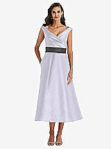 Front View Thumbnail - Silver Dove & Caviar Gray Off-the-Shoulder Draped Wrap Satin Midi Dress with Pockets