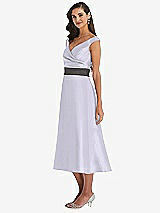 Side View Thumbnail - Silver Dove & Caviar Gray Off-the-Shoulder Draped Wrap Satin Midi Dress with Pockets