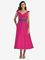 Front View Thumbnail - Think Pink & Caviar Gray Off-the-Shoulder Draped Wrap Satin Midi Dress with Pockets