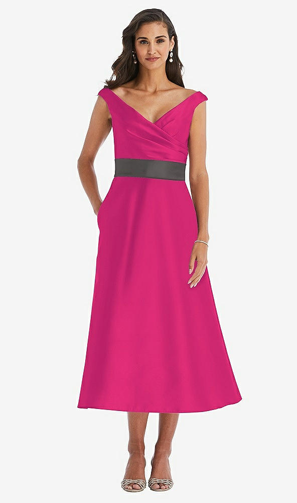 Front View - Think Pink & Caviar Gray Off-the-Shoulder Draped Wrap Satin Midi Dress with Pockets