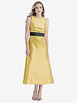 Front View Thumbnail - Maize & Pewter High-Neck Asymmetrical Shirred Satin Midi Dress with Pockets