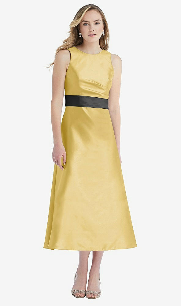 Front View - Maize & Pewter High-Neck Asymmetrical Shirred Satin Midi Dress with Pockets