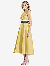 Side View Thumbnail - Maize & Pewter High-Neck Asymmetrical Shirred Satin Midi Dress with Pockets