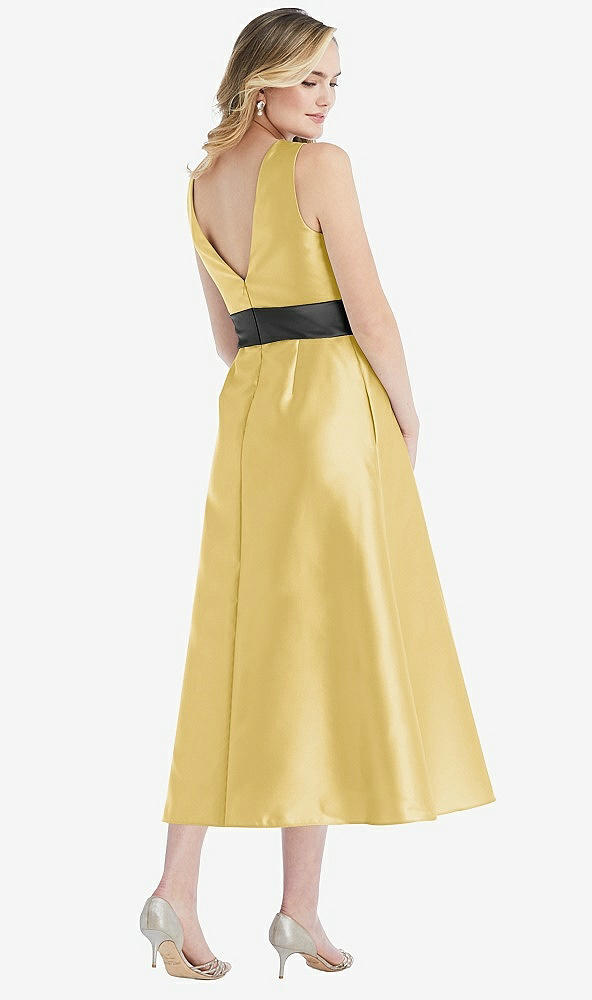 Back View - Maize & Pewter High-Neck Asymmetrical Shirred Satin Midi Dress with Pockets