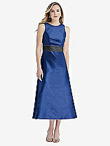 Front View Thumbnail - Classic Blue & Pewter High-Neck Asymmetrical Shirred Satin Midi Dress with Pockets