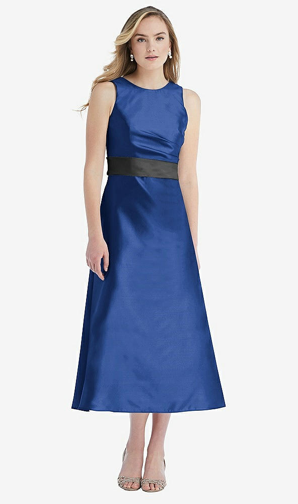 Front View - Classic Blue & Pewter High-Neck Asymmetrical Shirred Satin Midi Dress with Pockets