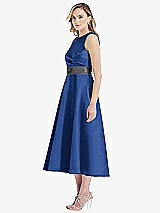 Side View Thumbnail - Classic Blue & Pewter High-Neck Asymmetrical Shirred Satin Midi Dress with Pockets