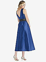 Rear View Thumbnail - Classic Blue & Pewter High-Neck Asymmetrical Shirred Satin Midi Dress with Pockets