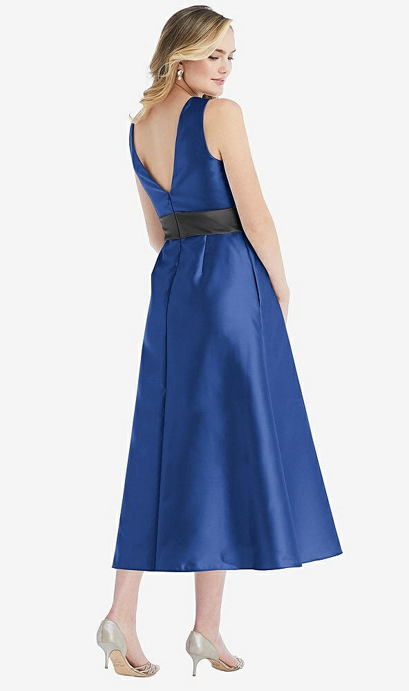 Back View - Classic Blue & Pewter High-Neck Asymmetrical Shirred Satin Midi Dress with Pockets