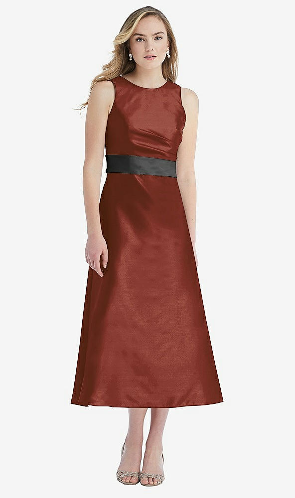 Front View - Auburn Moon & Pewter High-Neck Asymmetrical Shirred Satin Midi Dress with Pockets
