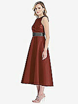 Side View Thumbnail - Auburn Moon & Pewter High-Neck Asymmetrical Shirred Satin Midi Dress with Pockets
